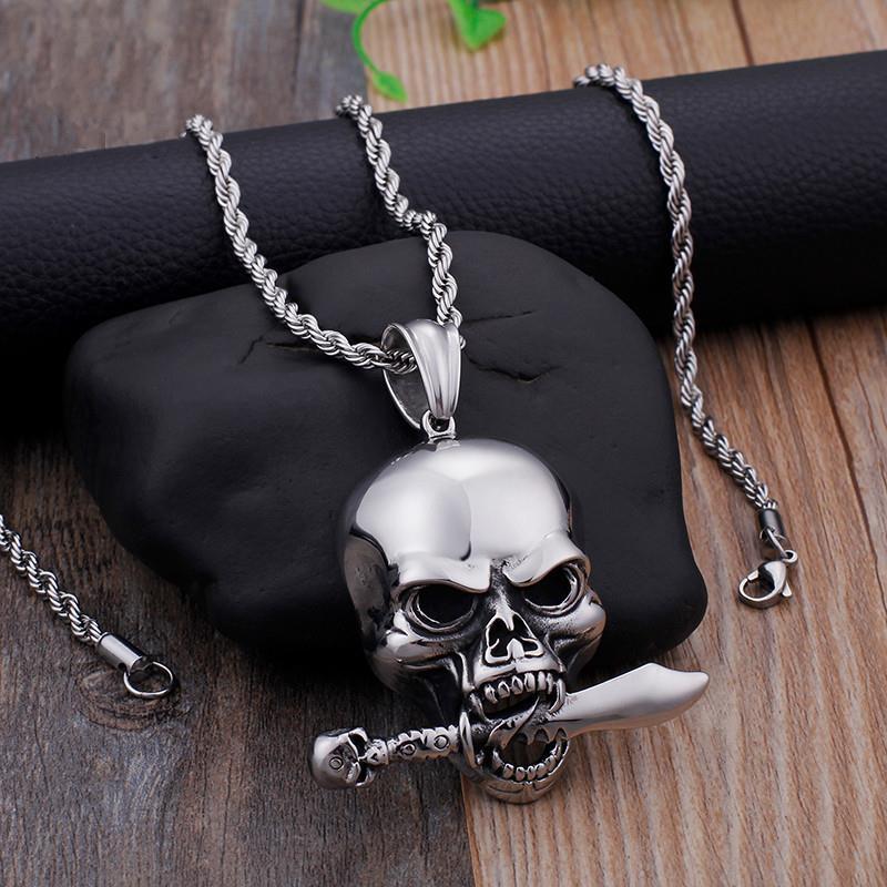 Hyperbole Mexican Skull Stainless Steel Pendant Necklace Silver Machine Charm Necklace-Necklace Pendant-Rossny