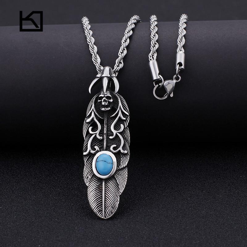 Punk Feather Skull Turquoise & Stainless Steel Chain Necklace Gothic Jewelry-Necklace Pendant-Rossny