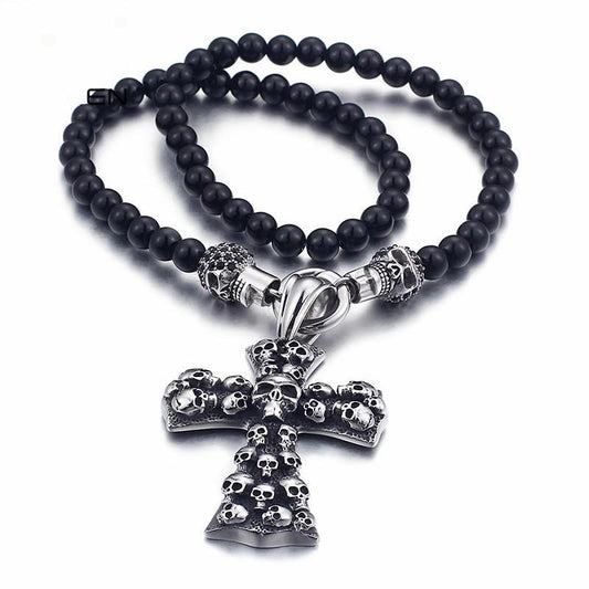 African Glass Beads Long Chain Necklace Stainless Steel Skull & Cross Jewelry Statement Necklace Jewelry-Necklace Pendant-Rossny