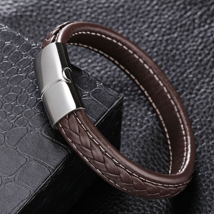 Classic leather rope bracelet stainless steel magnet buckle bracelet cowhide braided mixed color men's bracelet