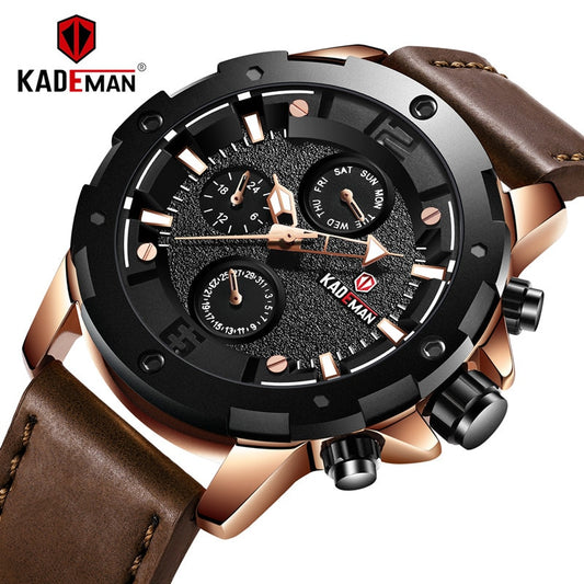 YSYH Brand Fashion Sports Quartz Watches Men's Leather Waterproof Clock Week 24 Hours Date Show