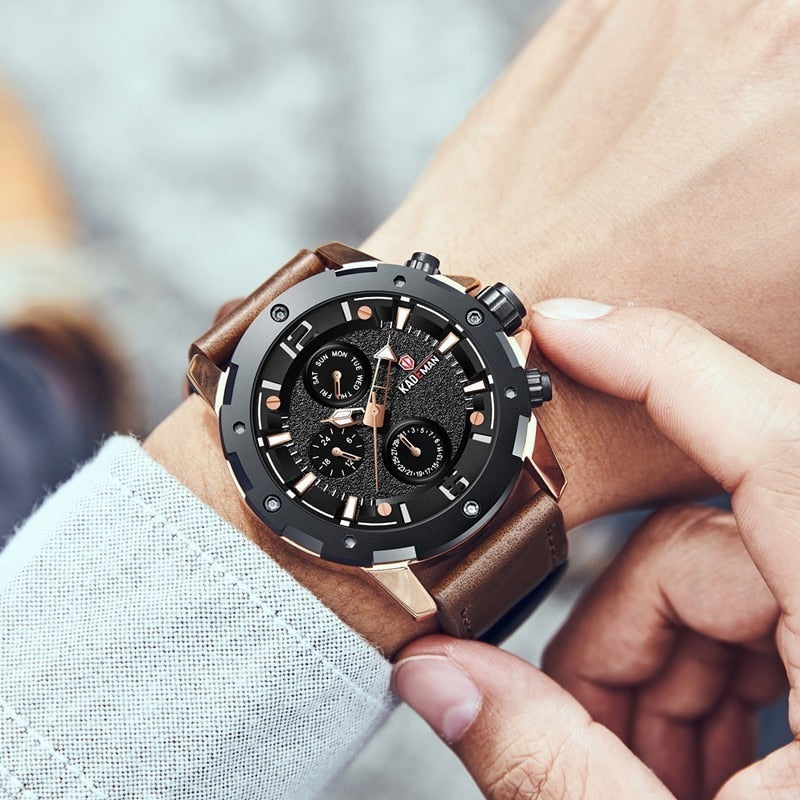 YSYH Brand Fashion Sports Quartz Watches Men's Leather Waterproof Clock Week 24 Hours Date Show