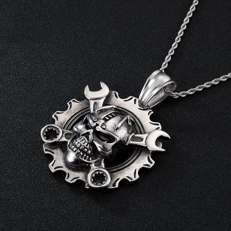 Punk Gothic Stainless Steel Skull Pendant Necklace Spanner Skeleton Chain-Necklace Pendant-Rossny