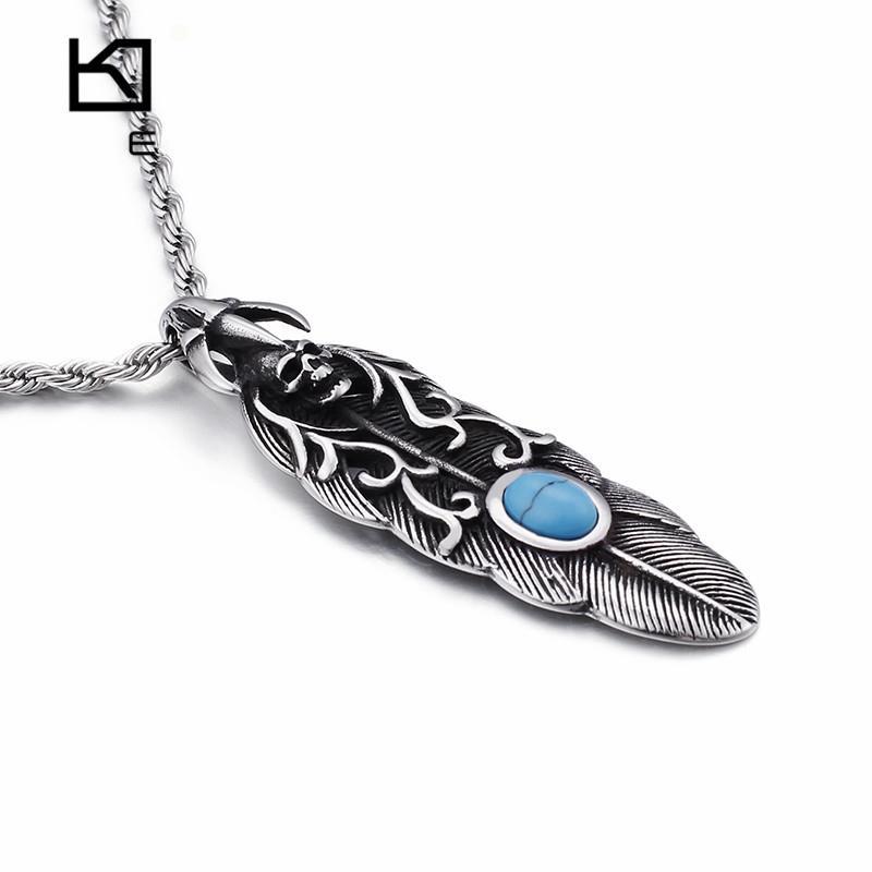 Punk Feather Skull Turquoise & Stainless Steel Chain Necklace Gothic Jewelry-Necklace Pendant-Rossny