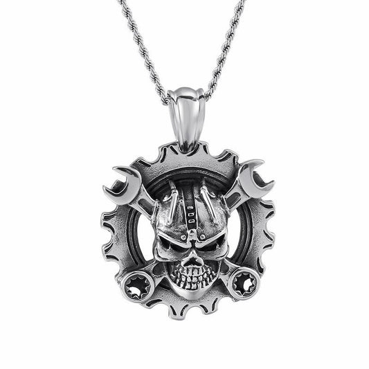 Punk Gothic Stainless Steel Skull Pendant Necklace Spanner Skeleton Chain-Necklace Pendant-Rossny