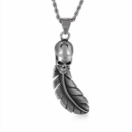Stainless Steel Leaf Fashion Chain Feather Skull Necklace Pendant For men Jewelry Punk Charm Choker Gothic Gifts-Necklace Pendant-Rossny