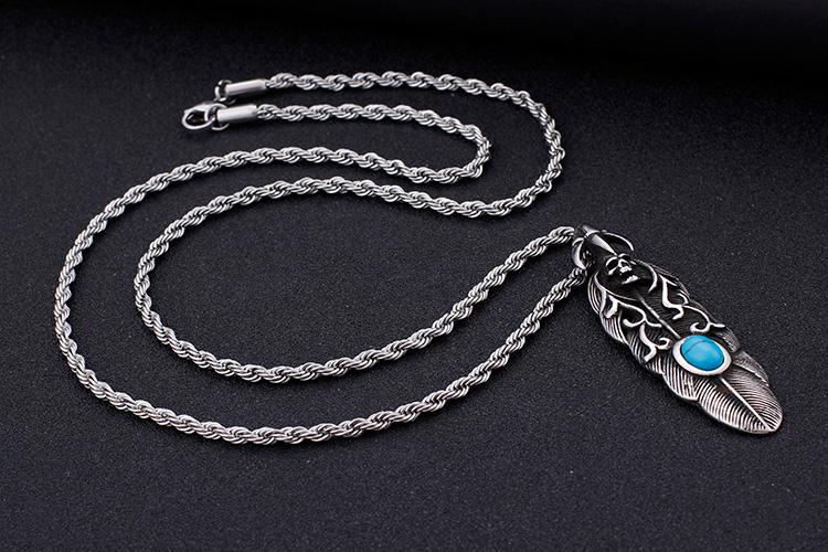 Punk Feather Skull Turquoise & Stainless Steel Chain Necklace Gothic Jewelry-Necklace Pendant-Rossny
