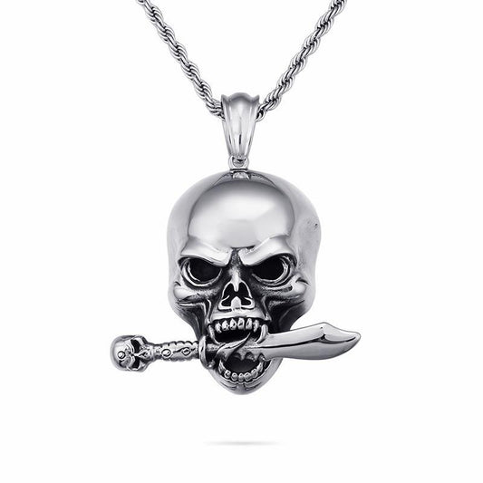 Viking Skull Neo-Gothic Stainless Steel Silver Sword Skull Chain Necklace Biker Jewelry-Necklace Pendant-Rossny