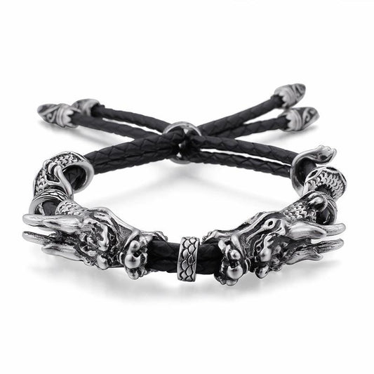 Leather Adjustable stainless steel dragon Bracelet-Bracelets-Rossny