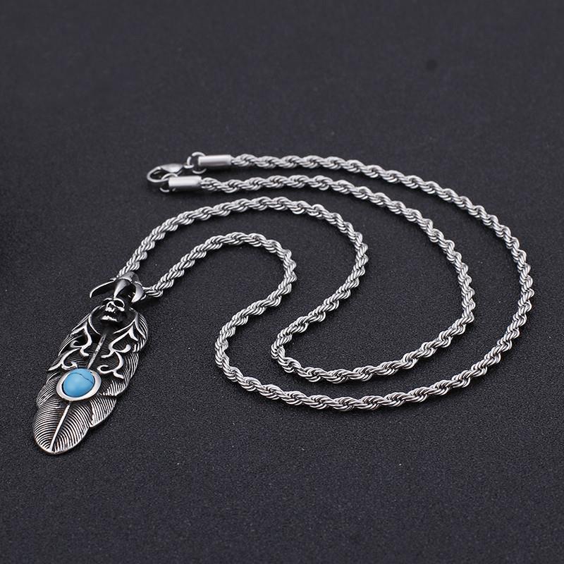 Punk Feather Skull Turquoise & Stainless Steel Chain Necklace Gothic Jewelry-Necklace Pendant-Rossny