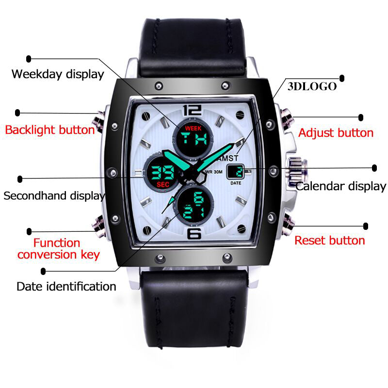 YSYH Mens Square Watch  Double Display Quartzel Ectronic Clock 50M Waterproof Watch Men Luxury Brand Leather Wristwatch