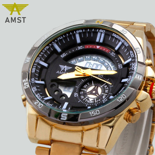 YSYH Mens Watch  New Digital Pointer Dual Display Sports Wrist Watch Men Stainless Steel Gold Watch Waterproof Quartz Clock