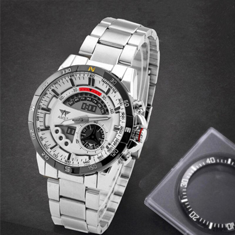 YSYH Mens Watch  New Digital Pointer Dual Display Sports Wrist Watch Men Stainless Steel Gold Watch Waterproof Quartz Clock