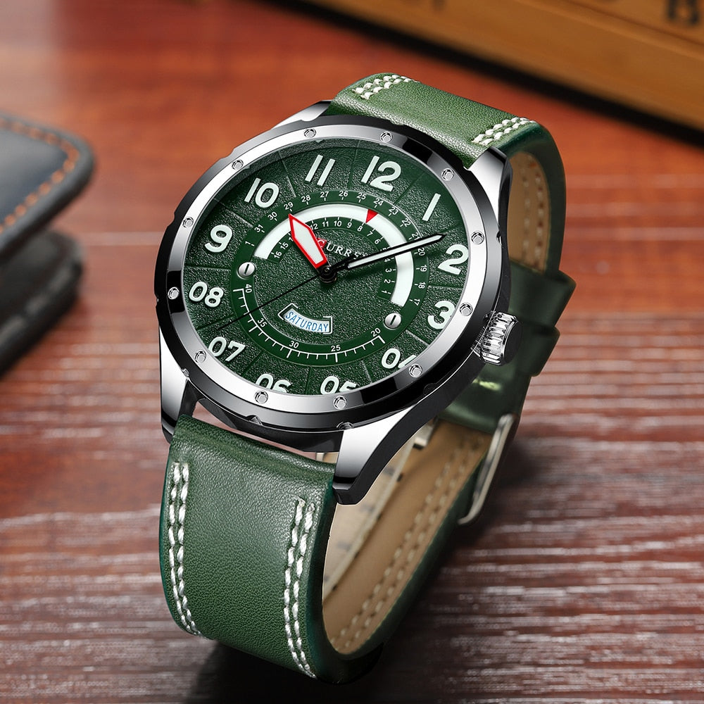 YSYH Casual Leather Strap Watch for Men Luxury Brand Military Green Clock Men Quartz Wristwatch Male Calendar Watch