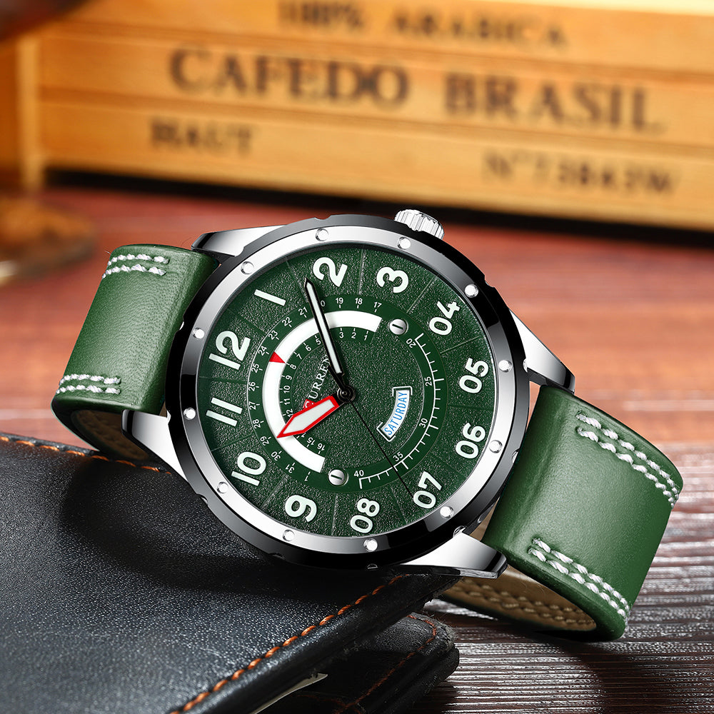 YSYH Casual Leather Strap Watch for Men Luxury Brand Military Green Clock Men Quartz Wristwatch Male Calendar Watch