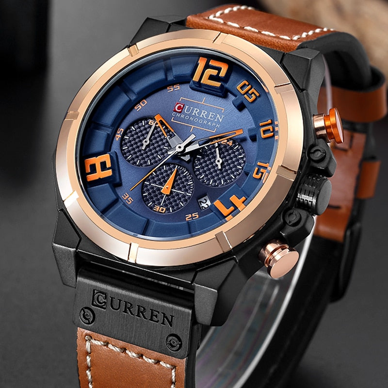 YSYH Chronograph Sports Men Watches Military Analog Quartz Wrist Watches Genuine Leather Strap Male Clock