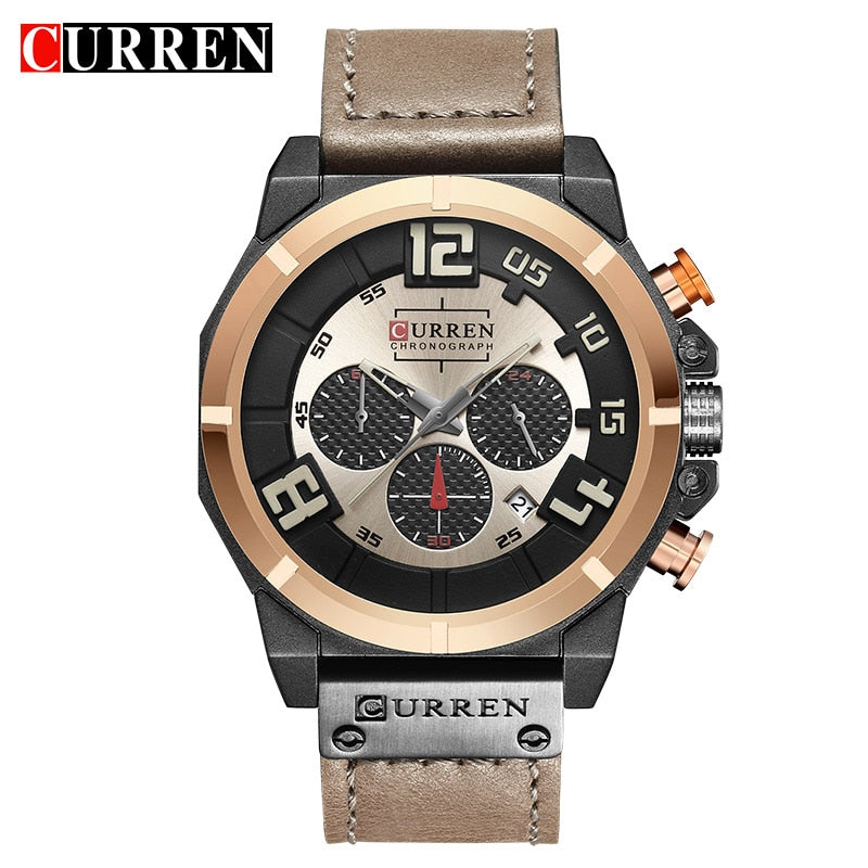 YSYH Chronograph Sports Men Watches Military Analog Quartz Wrist Watches Genuine Leather Strap Male Clock