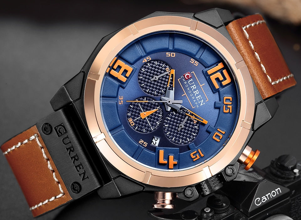 YSYH Chronograph Sports Men Watches Military Analog Quartz Wrist Watches Genuine Leather Strap Male Clock