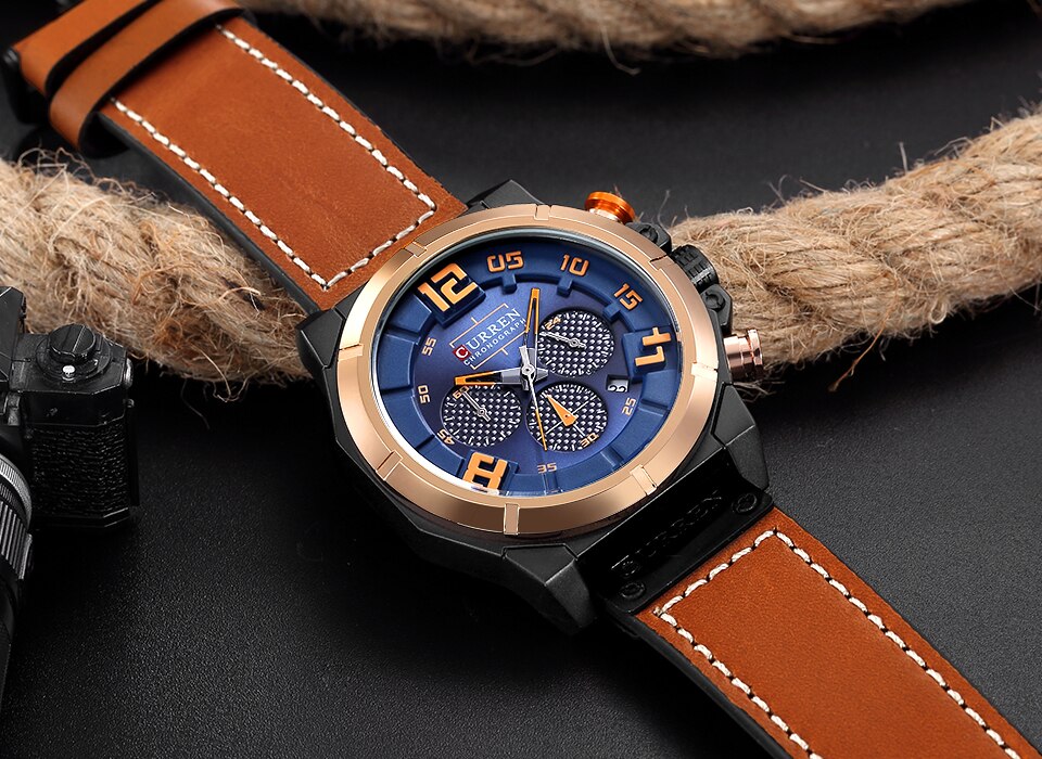 YSYH Chronograph Sports Men Watches Military Analog Quartz Wrist Watches Genuine Leather Strap Male Clock