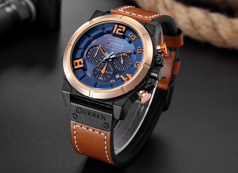 YSYH Chronograph Sports Men Watches Military Analog Quartz Wrist Watches Genuine Leather Strap Male Clock