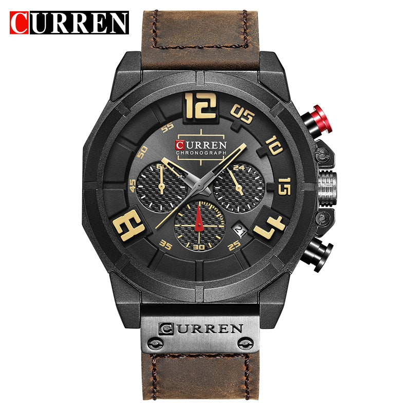YSYH Chronograph Sports Men Watches Military Analog Quartz Wrist Watches Genuine Leather Strap Male Clock