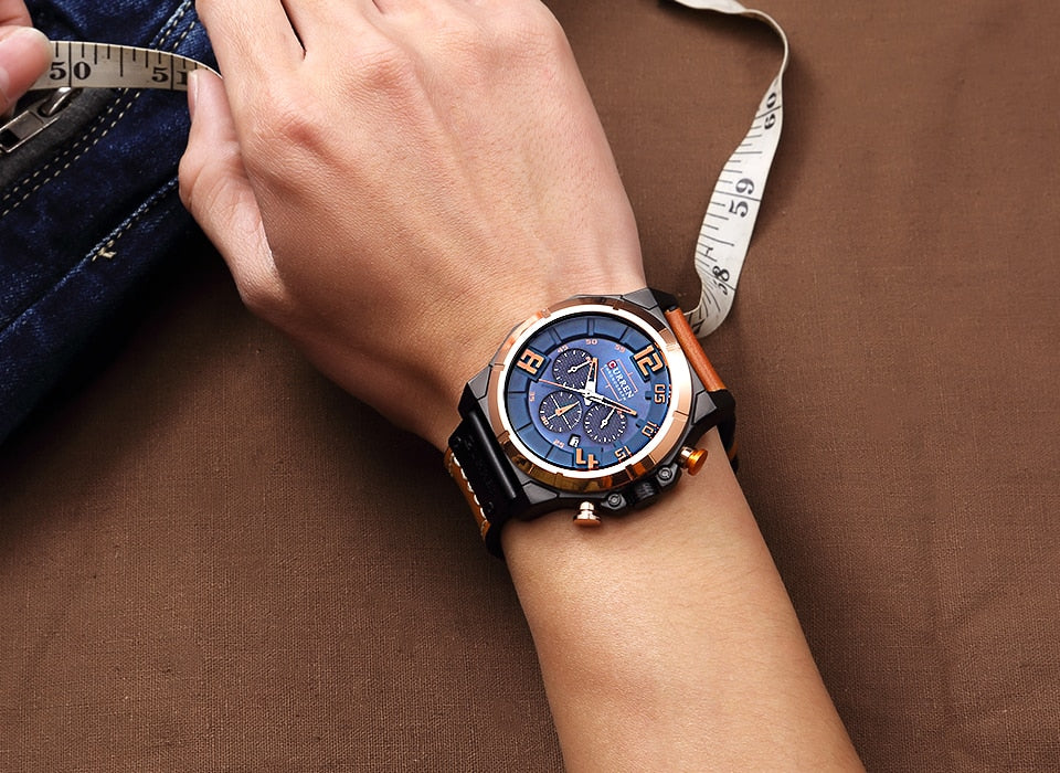 YSYH Chronograph Sports Men Watches Military Analog Quartz Wrist Watches Genuine Leather Strap Male Clock