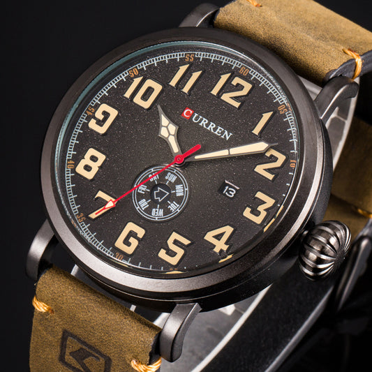 YSYH  Men Watch Casual Wristwatch Date Week Quartz Genuine Leather Strap Male Clock