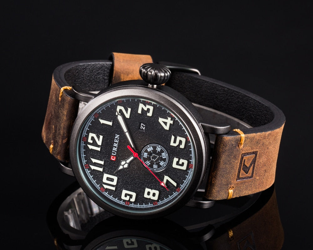 YSYH Leather Strap Men Watch Digital Dial Male Clock Display Date Week Quartz watch