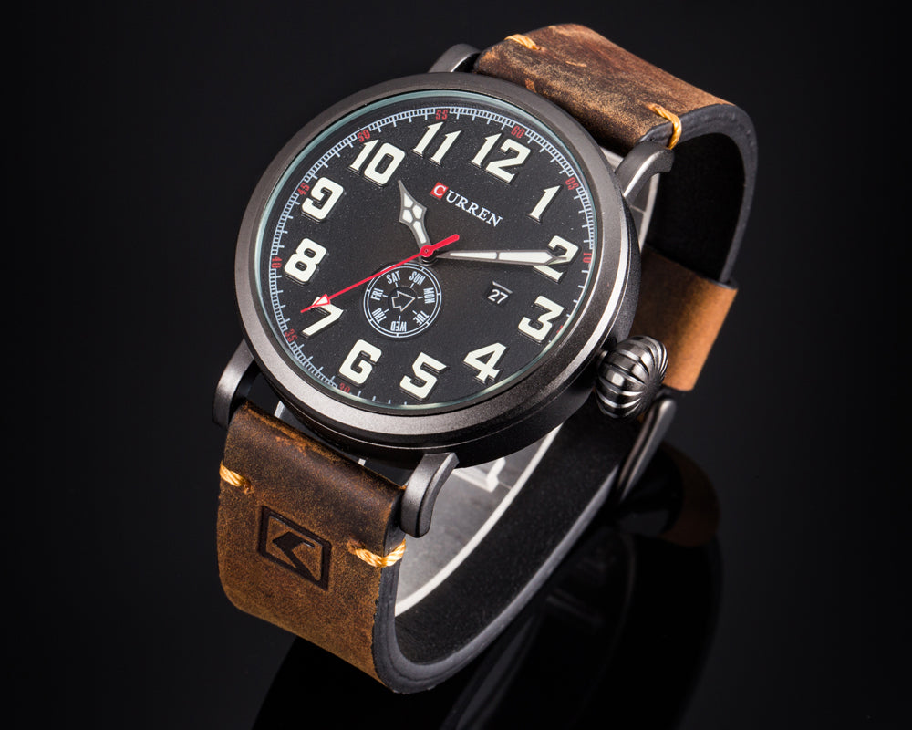 YSYH Leather Strap Men Watch Digital Dial Male Clock Display Date Week Quartz watch