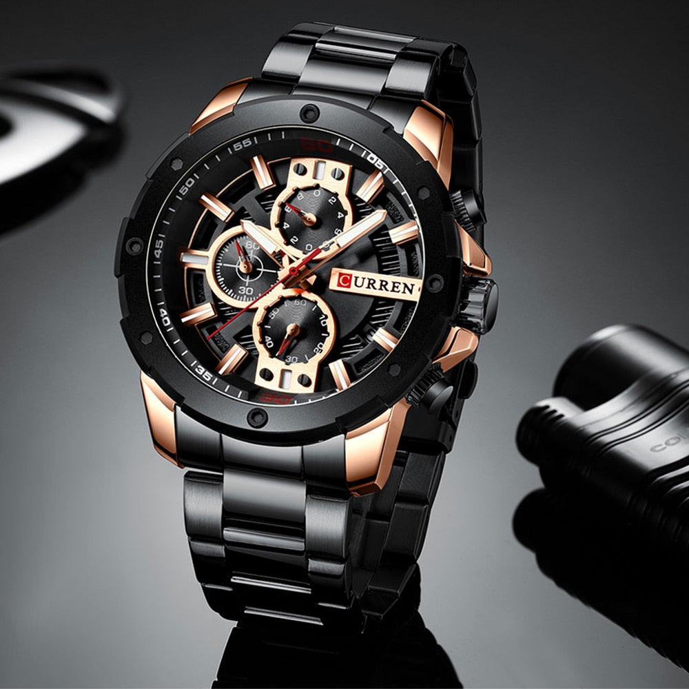 YSYH Luxury Quartz Wristwatch Men Sport Watches   8336 Stainless Steel Band Chronograph Clock Male Waterproof