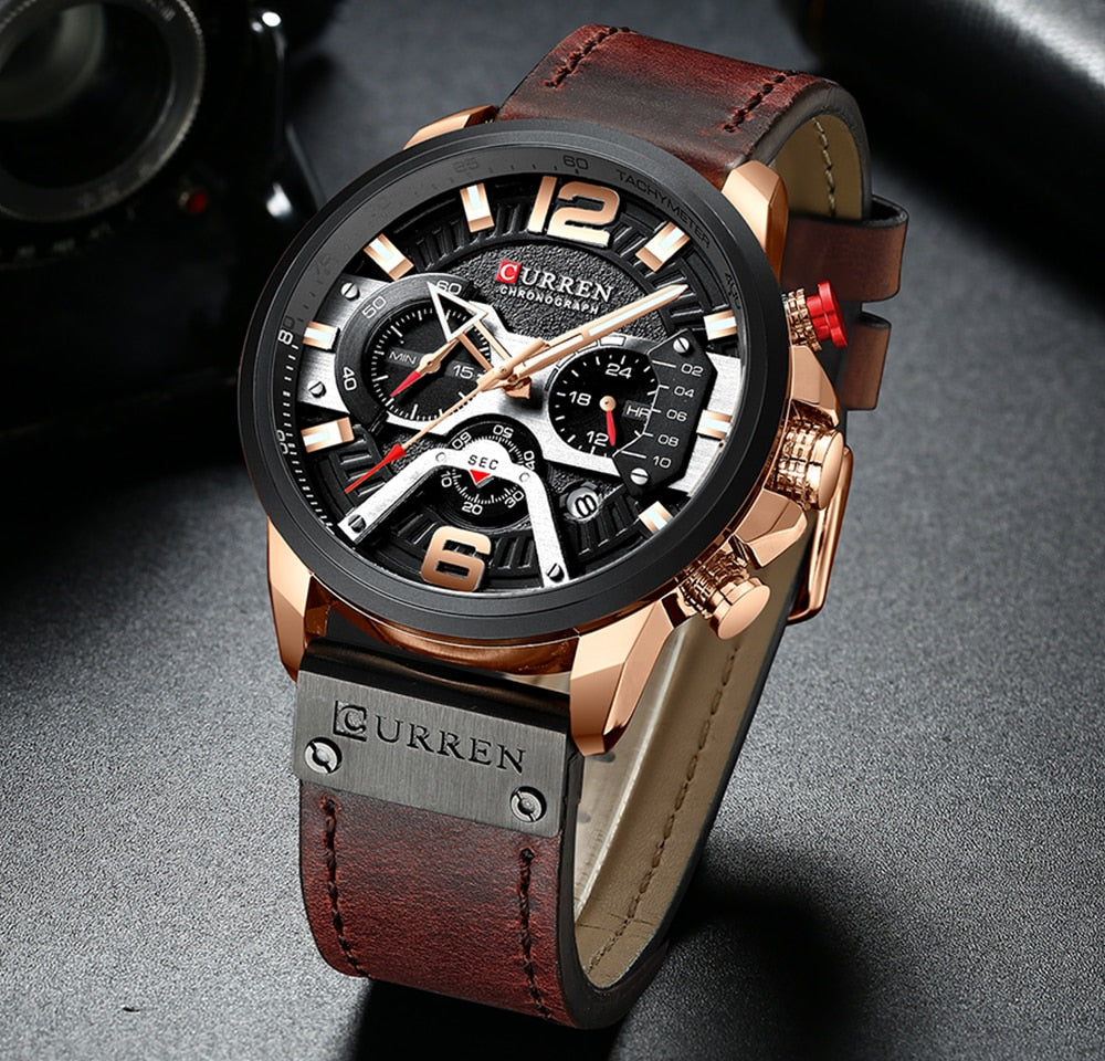 YSYH Luxury Leather SportsWatch Men Chronograph Quartz Man Clock