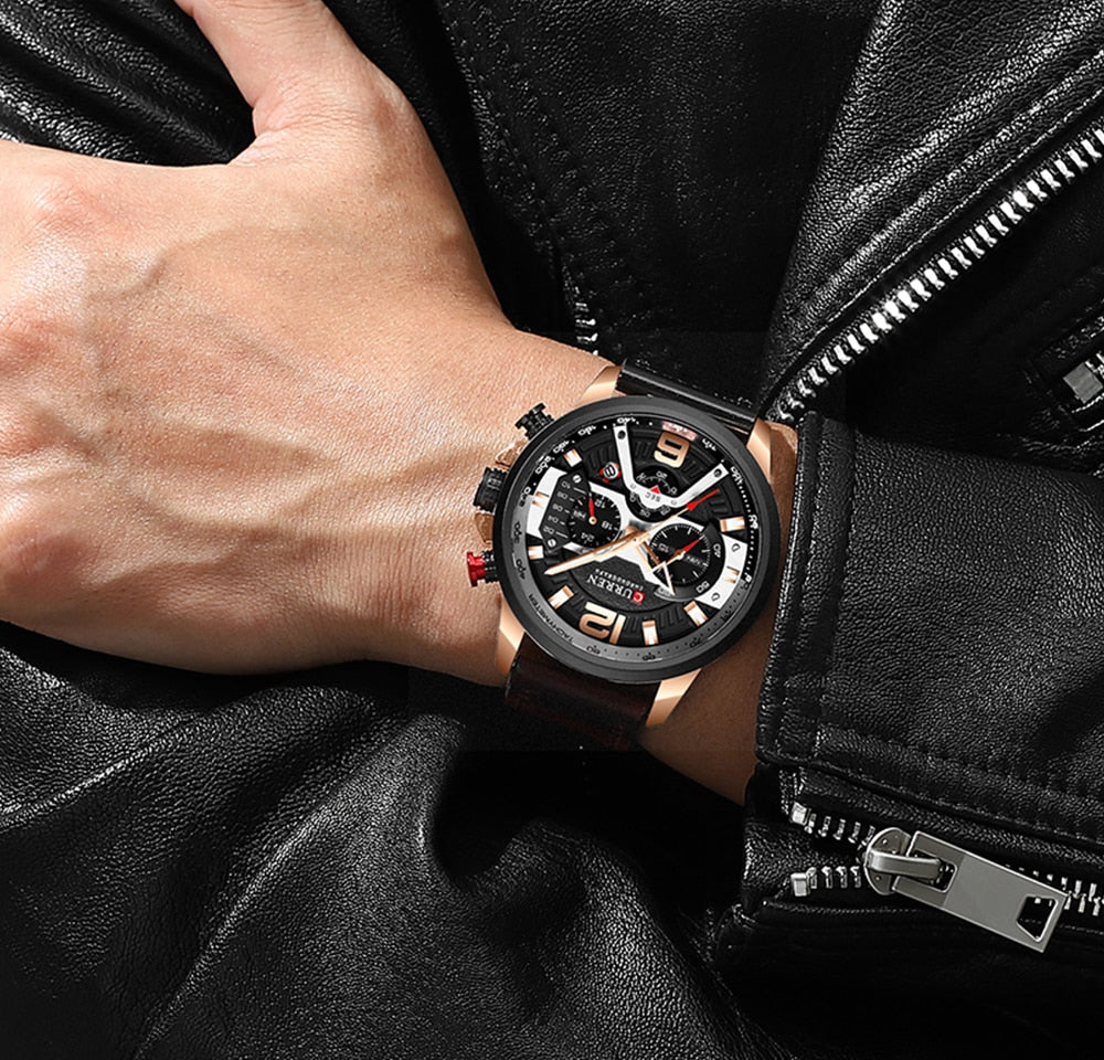 YSYH Luxury Leather SportsWatch Men Chronograph Quartz Man Clock