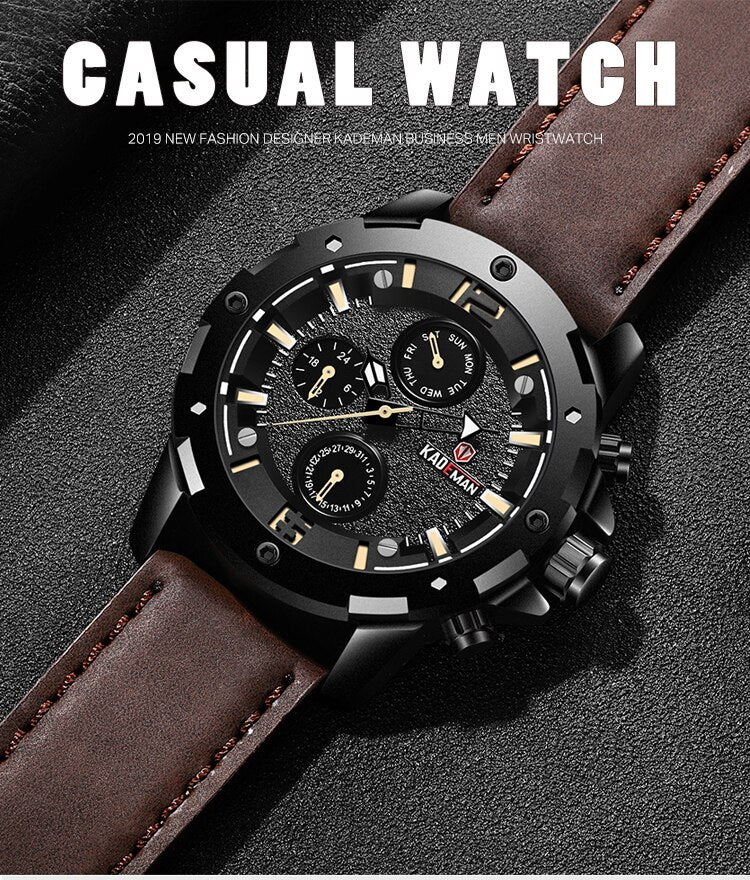 YSYH Brand Fashion Sports Quartz Watches Men's Leather Waterproof Clock Week 24 Hours Date Show