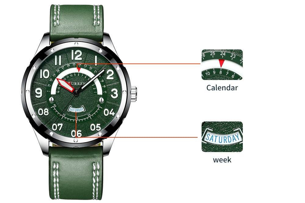 YSYH Casual Leather Strap Watch for Men Luxury Brand Military Green Clock Men Quartz Wristwatch Male Calendar Watch