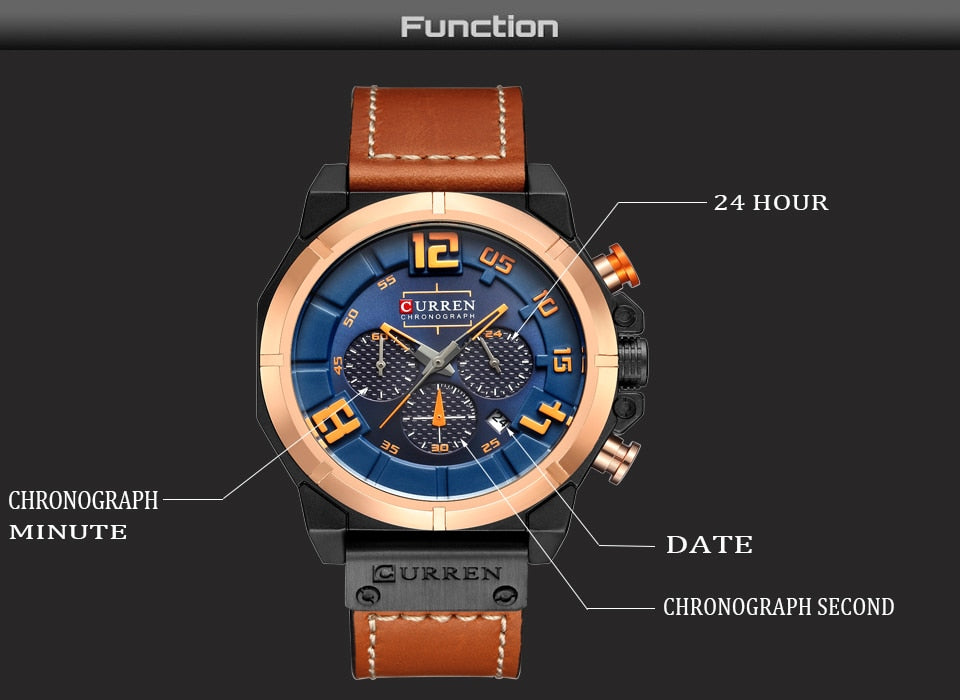 YSYH Chronograph Sports Men Watches Military Analog Quartz Wrist Watches Genuine Leather Strap Male Clock