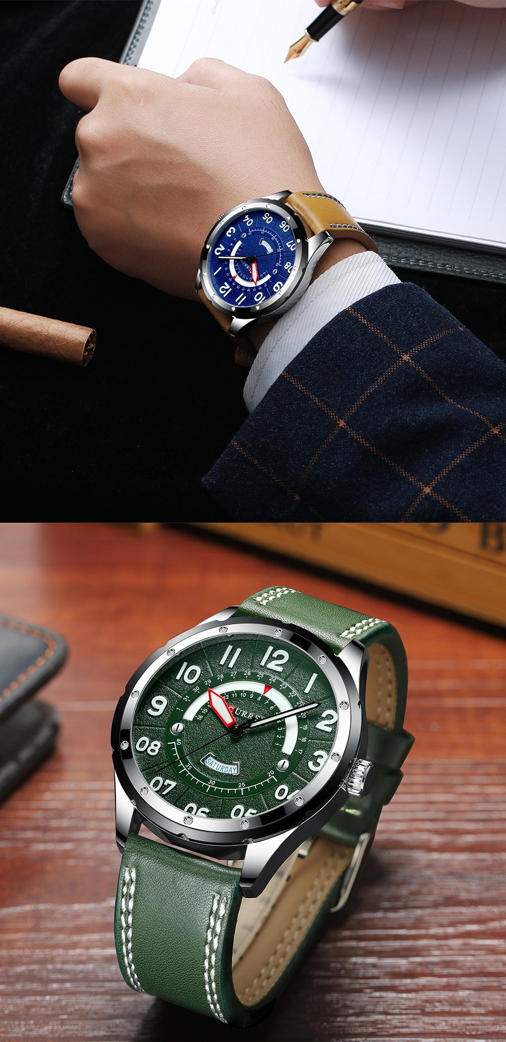 YSYH Casual Leather Strap Watch for Men Luxury Brand Military Green Clock Men Quartz Wristwatch Male Calendar Watch