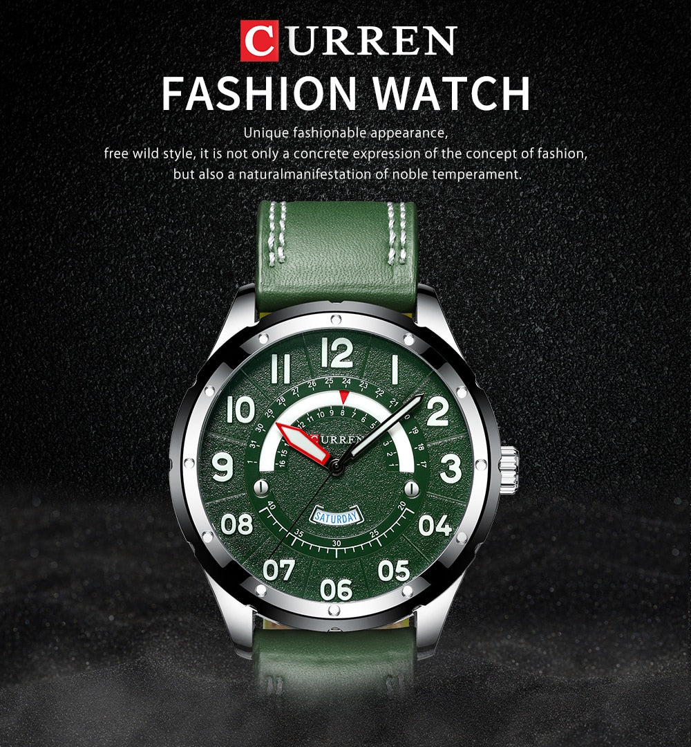 YSYH Casual Leather Strap Watch for Men Luxury Brand Military Green Clock Men Quartz Wristwatch Male Calendar Watch