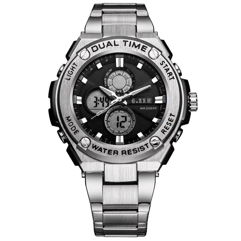 Man Multifunction Sports Watch Stainless Steel Strap Dual Display Quartz Watches Men's Waterproof LED Digital Clock  New