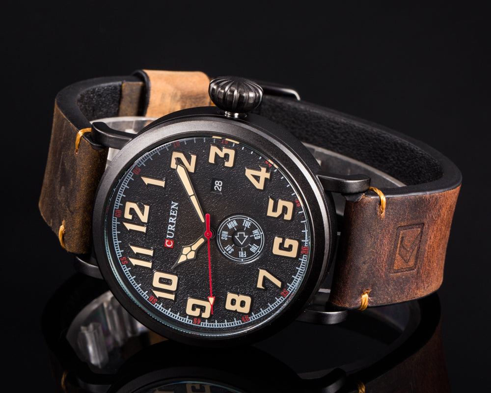 YSYH Leather Strap Men Watch Digital Dial Male Clock Display Date Week Quartz watch
