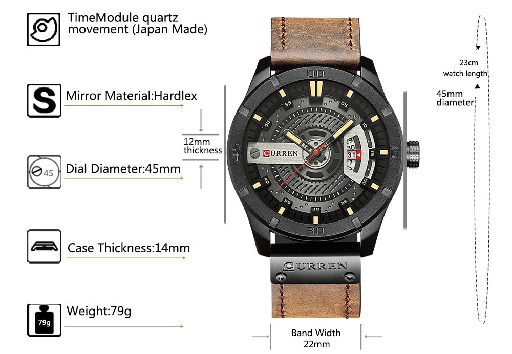 YSYH Men's Sports Quartz-Watches Calendar Leather Strap Waterproof Wristwatch Male Clock Montre Homme
