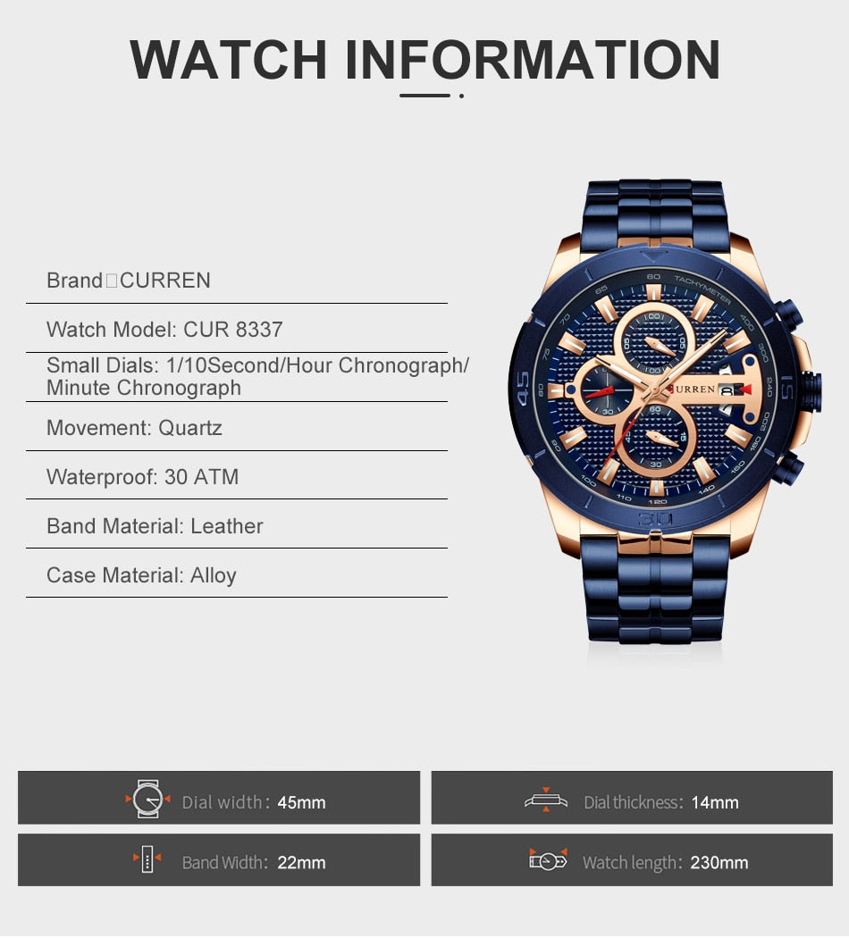 YSYH Men Watch  Luxury Chronograph Quartz Watches Stainless Steel Wristwatches Men Clock