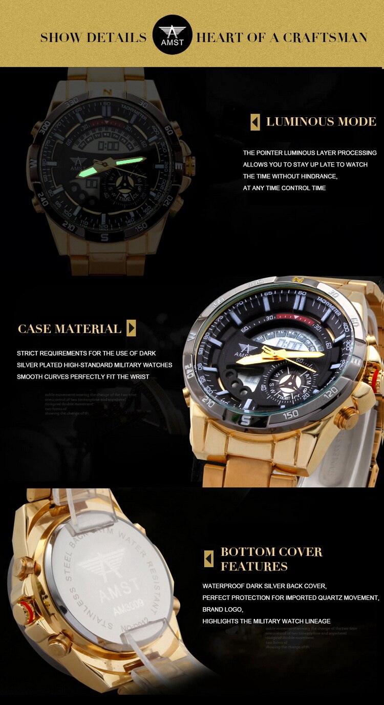YSYH Mens Watch  New Digital Pointer Dual Display Sports Wrist Watch Men Stainless Steel Gold Watch Waterproof Quartz Clock