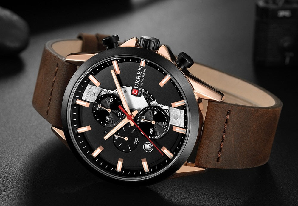 YSYH Men's Sports Watch with Chronograph Leather Strap Watches Quartz Wristwatch