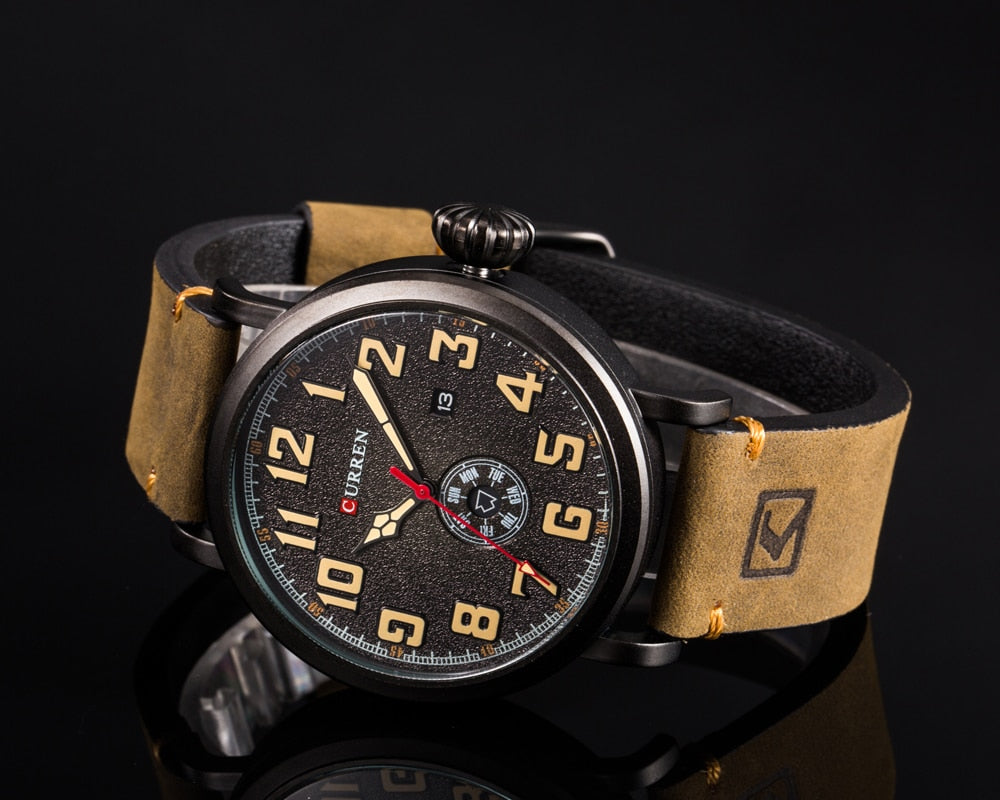 YSYH Leather Strap Men Watch Digital Dial Male Clock Display Date Week Quartz watch