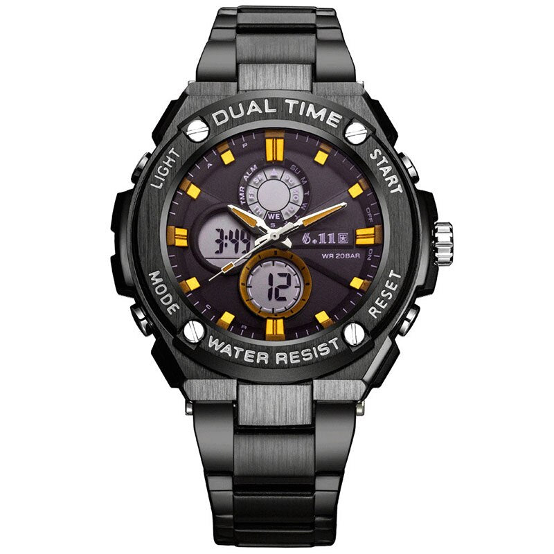 Man Multifunction Sports Watch Stainless Steel Strap Dual Display Quartz Watches Men's Waterproof LED Digital Clock  New