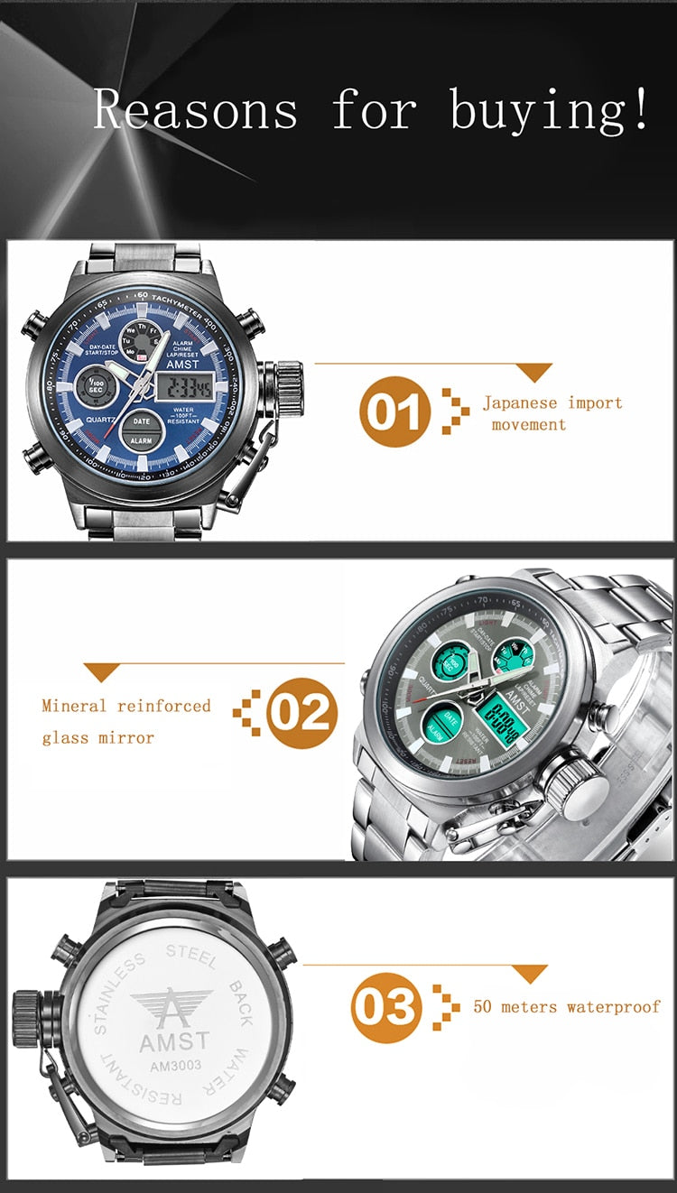 YSYH New Men's Wristwatch Clock Digital Dual Display Watch Male Multi-function Quartz Clock 50M Waterproof Chronograph