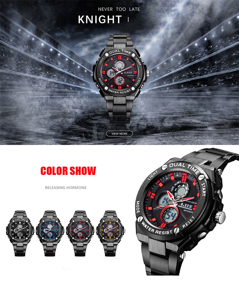 Man Multifunction Sports Watch Stainless Steel Strap Dual Display Quartz Watches Men's Waterproof LED Digital Clock  New