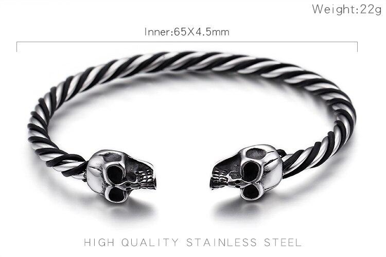 Stainless Steel Double Skull Heads Cuff Bracelet & Bangle Gothic Twist Wristband Biker Jewelry-Bracelets-Rossny