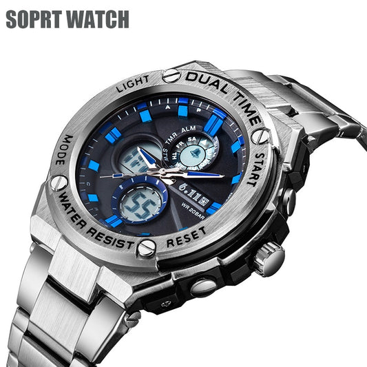 Man Multifunction Sports Watch Stainless Steel Strap Dual Display Quartz Watches Men's Waterproof LED Digital Clock  New