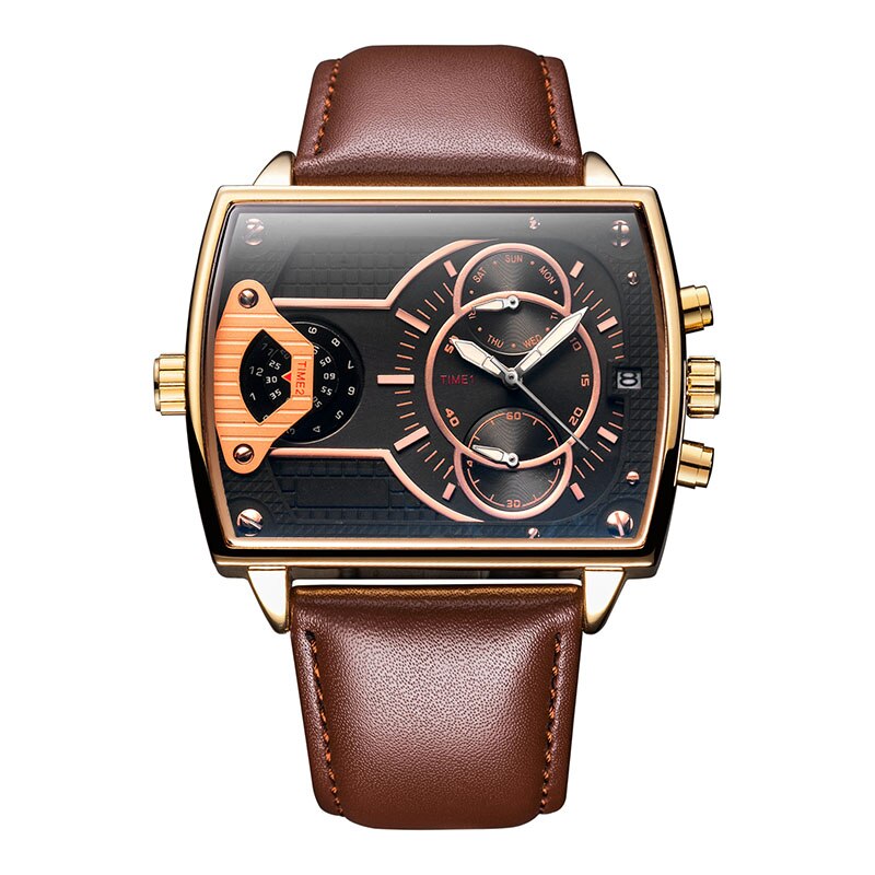 Men's Luxury Business Wrist watches Dual Time Zone Large Dial Man Waterproof Quartz Clock Leather Strap Casual Sports Watch